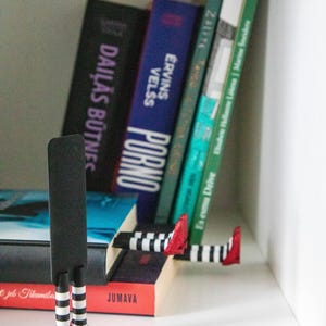 A black bookmark shaped like the Wicked Witch of the West's legs, complete with red shoes and striped stockings, sticking out from  books on a shelf.