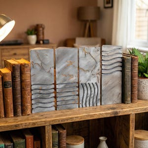 May include: A rustic wooden shelf features old books and decorative stone panels. The panels are grey with gold marbling and black line patterns. A brass lamp and a potted plant enhance the room's aesthetic.