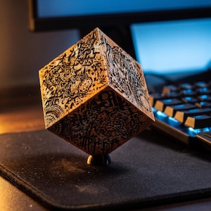 May include: A detailed, golden-brown cube with intricate black patterns and designs. The cube is elevated on a small black base, showcasing its geometric form and detailed surface. The background includes a computer monitor and keyboard.