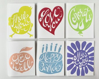 Boxed Letterpress Greeting Card Set, Lettering includes Thank You, Happy Birthday, Miss You, Be Well, Love You, Congratulations