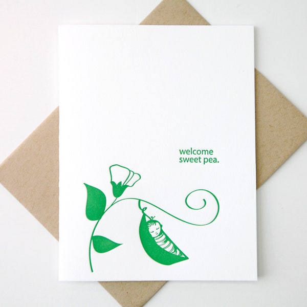 Sweet Pea Baby Letterpress Greeting Card for Baby Shower, Birth Celebration, New Infant, Expecting