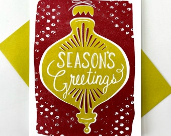 Season’s Greetings Letterpress Holiday Card with Old Fashioned, Retro Ornament for Christmas and New Year Celebrations