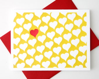 Yellow Heart Pattern Letterpress Blank Greeting Card to show love for Valentine’s Day, Birthdays, Get Well Wishes or even Thinking of You