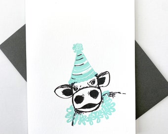 Cow in Party Hat with Flowers Blank Letterpress Greeting Card Hand Printed