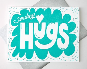 Sending Hugs Letterpress Greeting Card for friends and family to share love, support, gratitude, thanks, friendship, happiness or sympathy