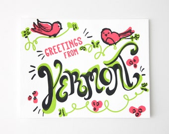 Greetings from Vermont postcard letterpress hand made on a vintage press