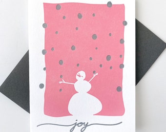 Holiday Letterpress Greeting Card for Christmas, New Year or Hanukkah Featuring a Happy Snowman Sending Wishes of Joy