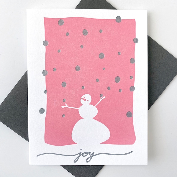 Holiday Letterpress Greeting Card for Christmas, New Year or Hanukkah Featuring a Happy Snowman Sending Wishes of Joy