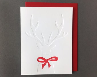 Holiday Reindeer Greeting Card, Red Bow with Letterpress Deer, Merry Christmas, Happy New Year