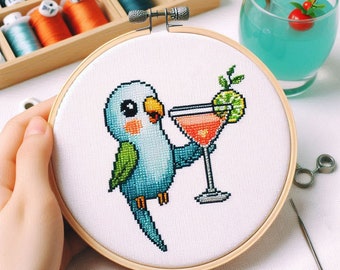 PDF schema punto croce cocorita con cocktail - cross stitch pattern