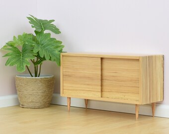 Hardwood Console Cabinet | Real Oak | w/ Working Doors for 1:6 Scale Doll  - Mid-Century Modern