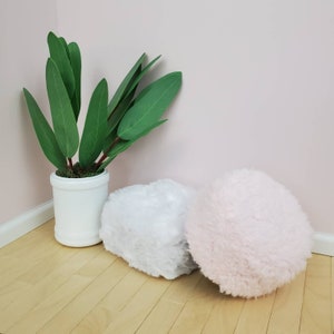 May include: A white ceramic pot with a green plant and two fluffy, round ottomans. One ottoman is white, and the other is light pink. The items are arranged on a light wood floor against a pink wall.