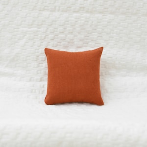 May include: A burnt orange throw pillow with a linen texture.