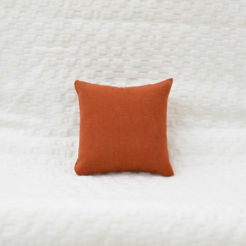 May include: A burnt orange throw pillow with a linen texture.