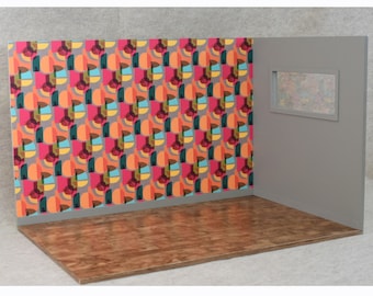 Jewel-Toned Geometric Mid-Century Decorated Room Box (Deep Geo/Painted Trim) - 1:6 Scale Room Box Diorama for 12" Fashion Dolls