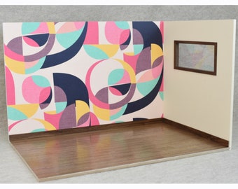 Large Scale Geometric Mid-Century Decorated Room Box (Vanilla Cream/Walnut) - 1:6 Scale Room Box Diorama for 12" Fashion Dolls