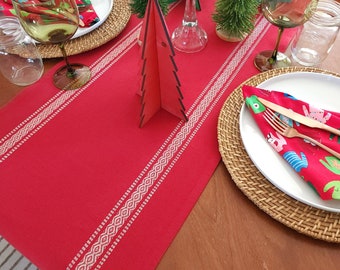 Red Christmas Table Runner, Scandinavian Christmas Runner, Red and White Striped Runner