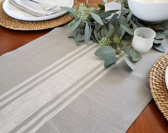 Gray and White Striped Cotton Table Runner: Farmhouse Style