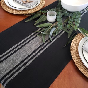 Farmhouse Table Runner, Black & Gray Grain Sack Runner, Black Striped Rustic Table Runner, Modern Table Runner