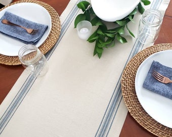 Blue Striped Grain Sack Table Runner: Farmhouse Style