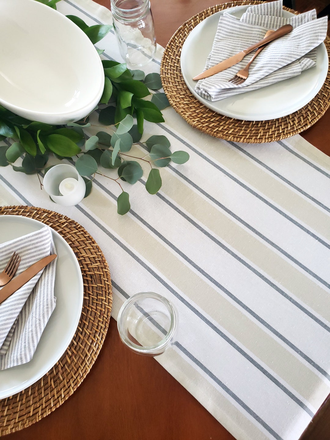 Gray & White Striped Table Runner, Farmhouse Table Runner, Extra Wide