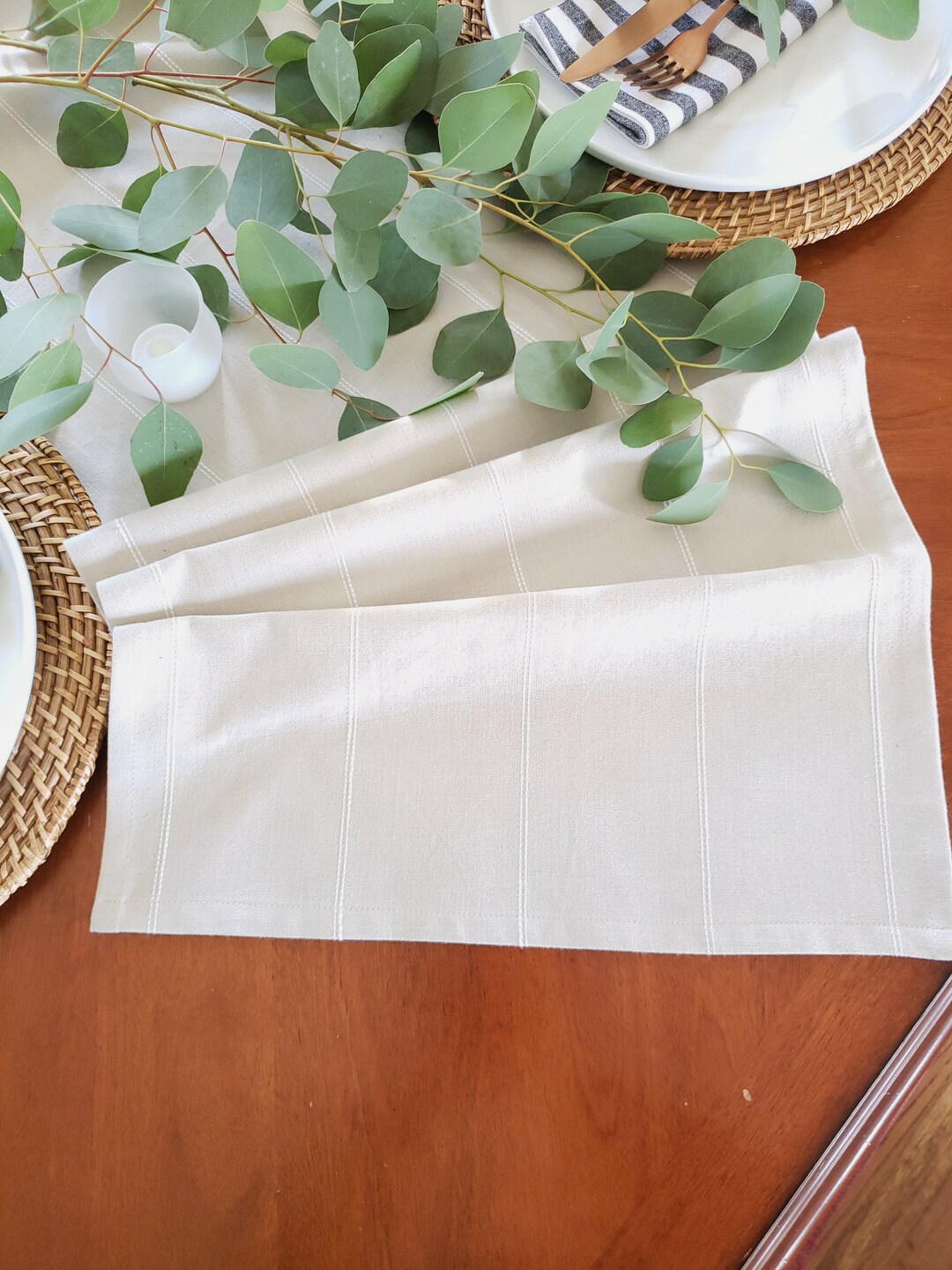 Farmhouse Table Runner, Beige & White Striped Runner, Beige Table