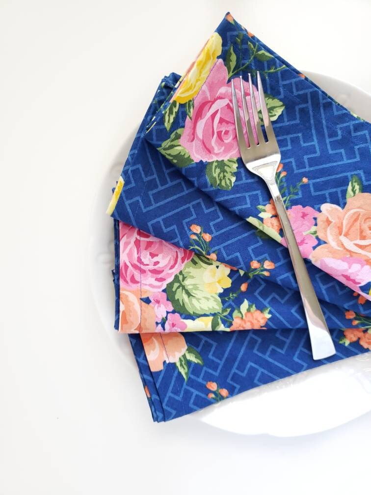 Blue Floral Cloth Napkins Blue Cloth Napkins Mother's Etsy