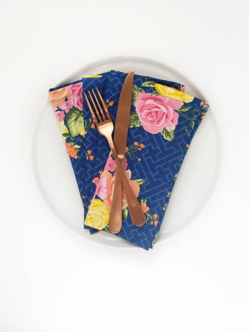 Blue Floral Cloth Napkins Blue Cloth Napkins Mother's Etsy