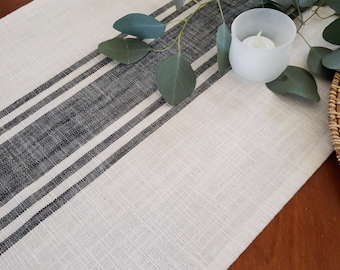 Farmhouse Table Runner: Ivory Cotton with Black Grain Sack Stripes