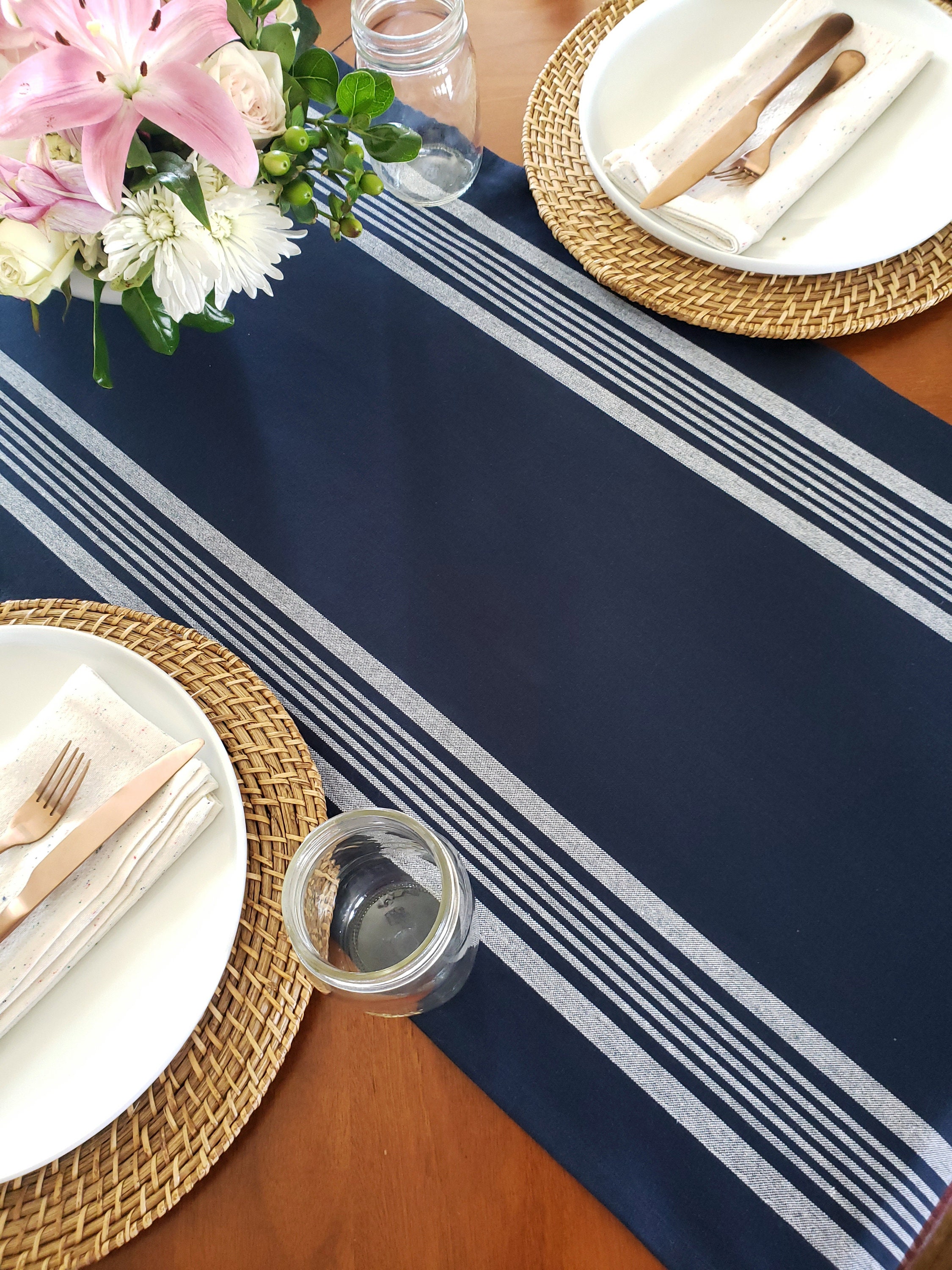 Navy Blue Table Runner Navy Blue Striped Runner Coastal Etsy Australia