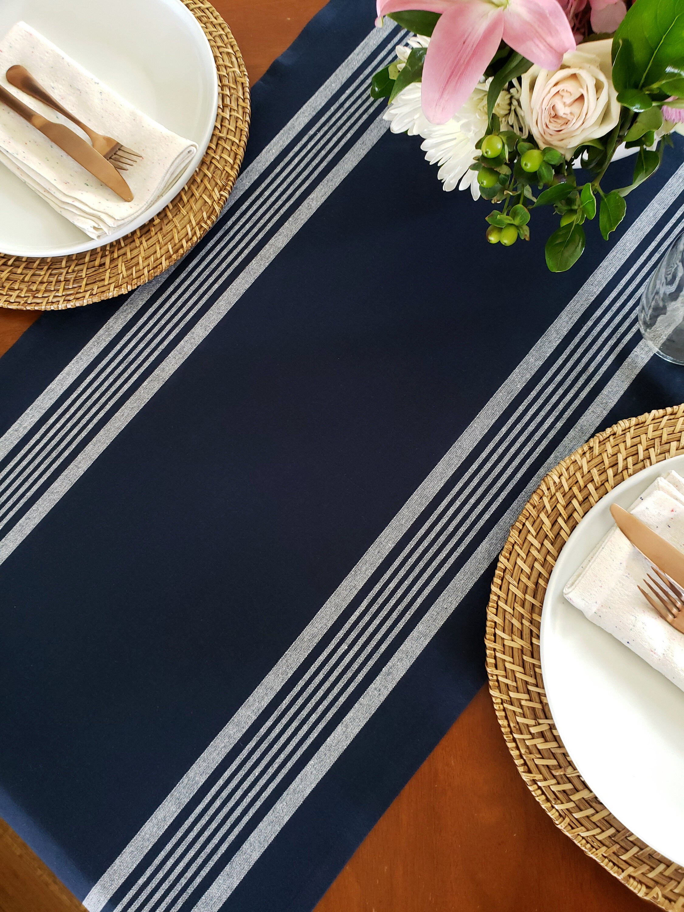 Navy Blue Table Runner Navy Blue Striped Runner Coastal Etsy Australia