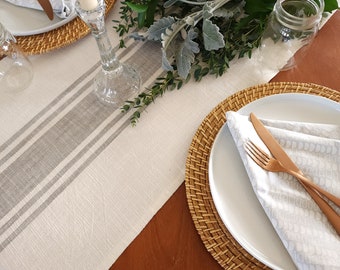 Farmhouse Table Runner, Ivory Grain Sack Runner, Ivory & Gray Striped Runner, Rustic Table Runner, Modern Table Runner