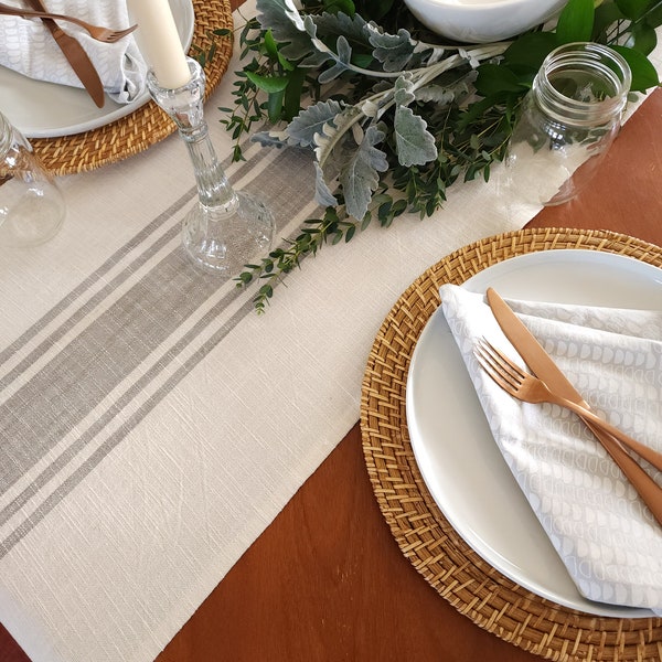 Camino de mesa de estilo rústico, camino de mesa de grano de marfil, camino de mesa de rayas marfil y gris, camino de mesa rústico, camino de mesa moderno