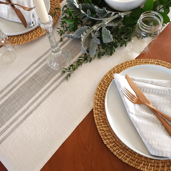 Farmhouse Table Runner, Ivory Grain Sack Runner, Ivory & Gray Striped Runner, Rustic Table Runner, Modern Table Runner