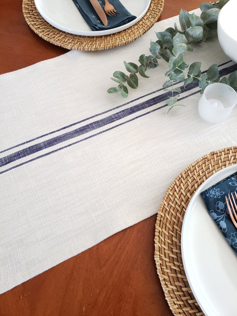 Farmhouse Table Runner Cream and Blue Striped Runner Etsy