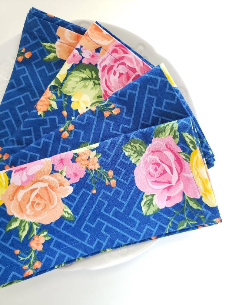 Blue Floral Cloth Napkins Blue Cloth Napkins Mother's Etsy