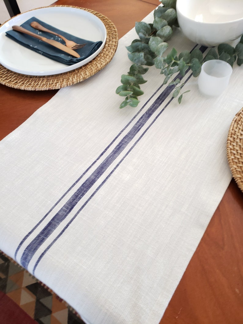 Farmhouse Table Runner Cream and Blue Striped Runner Etsy