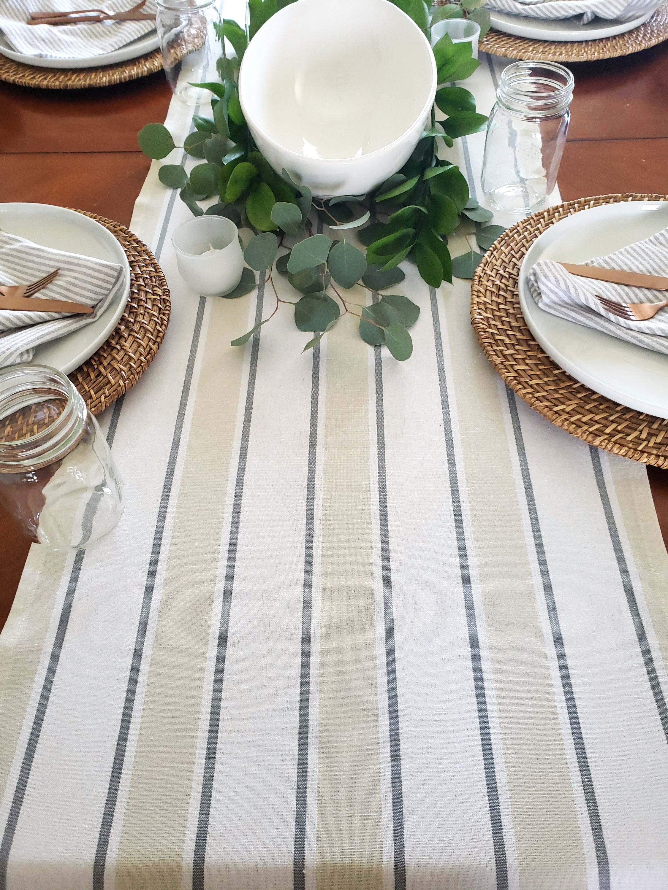 Beige & White Striped Table Runner Farmhouse Table Runner Etsy