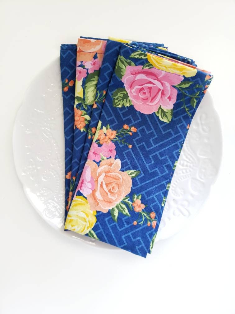 Blue Floral Cloth Napkins Blue Cloth Napkins Mother's Etsy