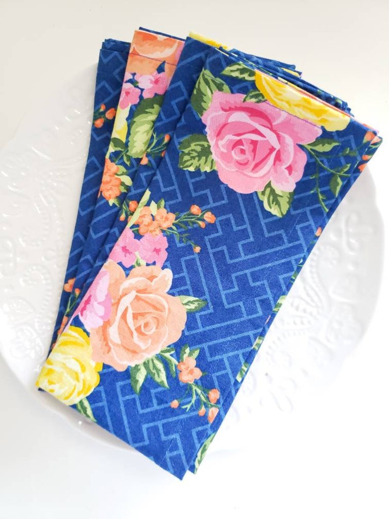 Blue Floral Cloth Napkins Blue Cloth Napkins Mother's Etsy