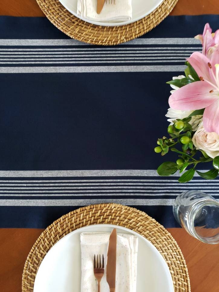 Navy Blue Table Runner Navy Blue Striped Runner Coastal Etsy Australia