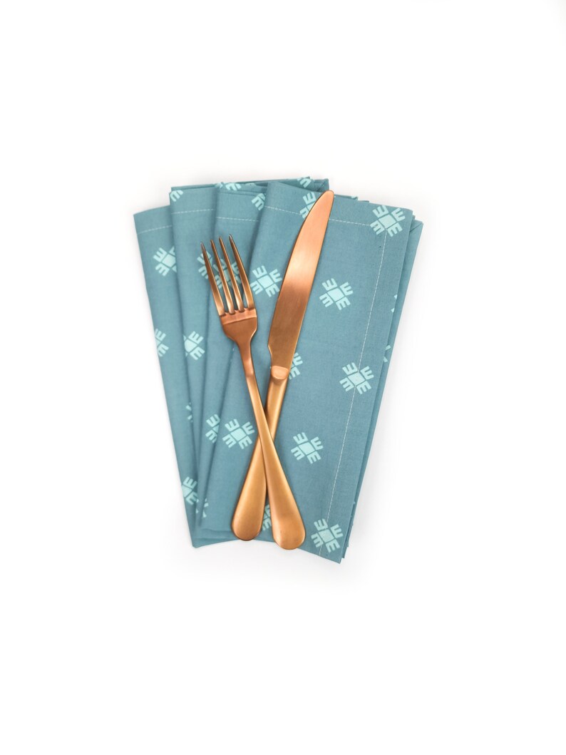 Dusty Blue Block Print Cloth Napkins, Set of 4 image 1