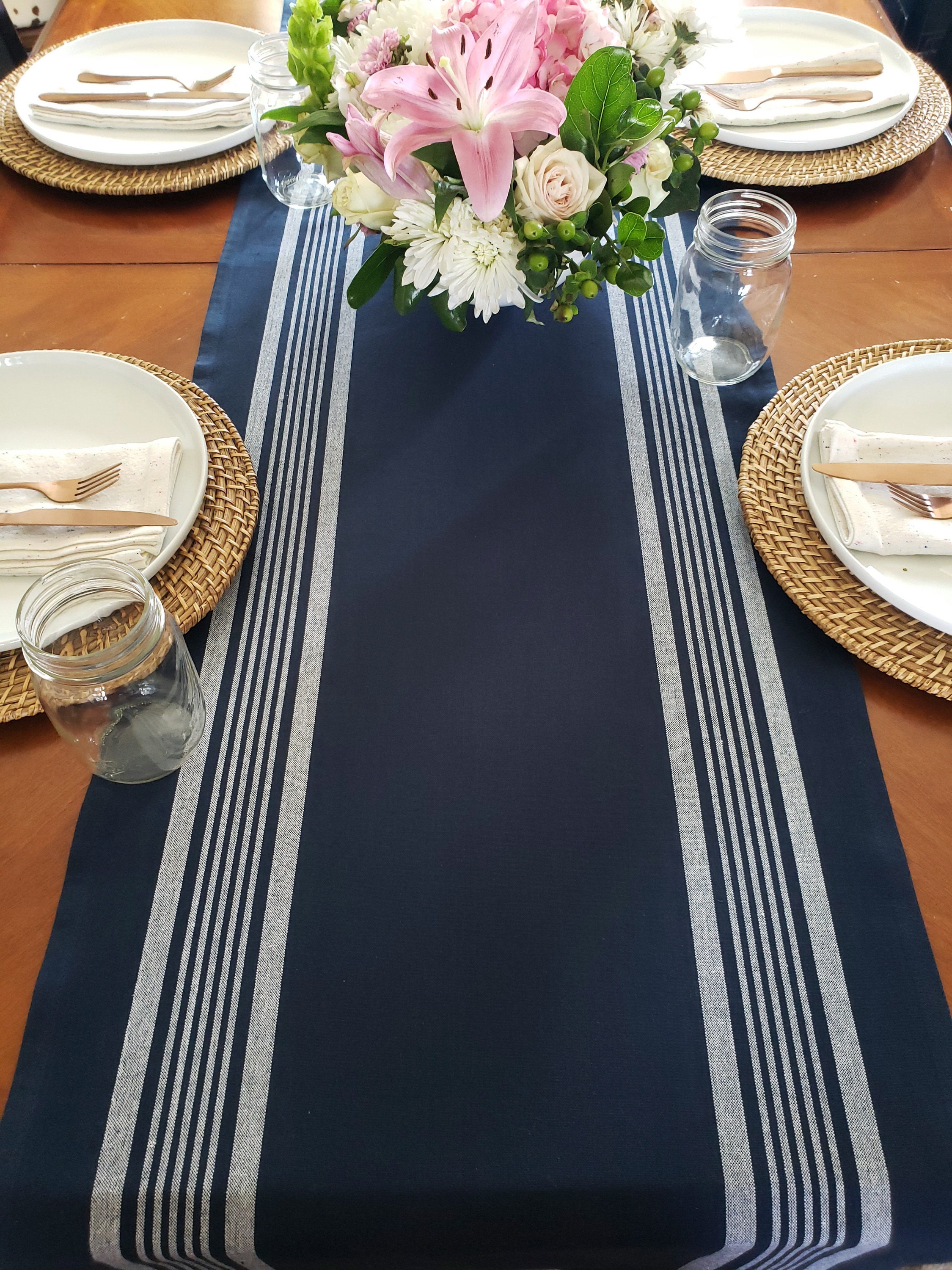 Navy Blue Table Runner Navy Blue Striped Runner Coastal Etsy Australia