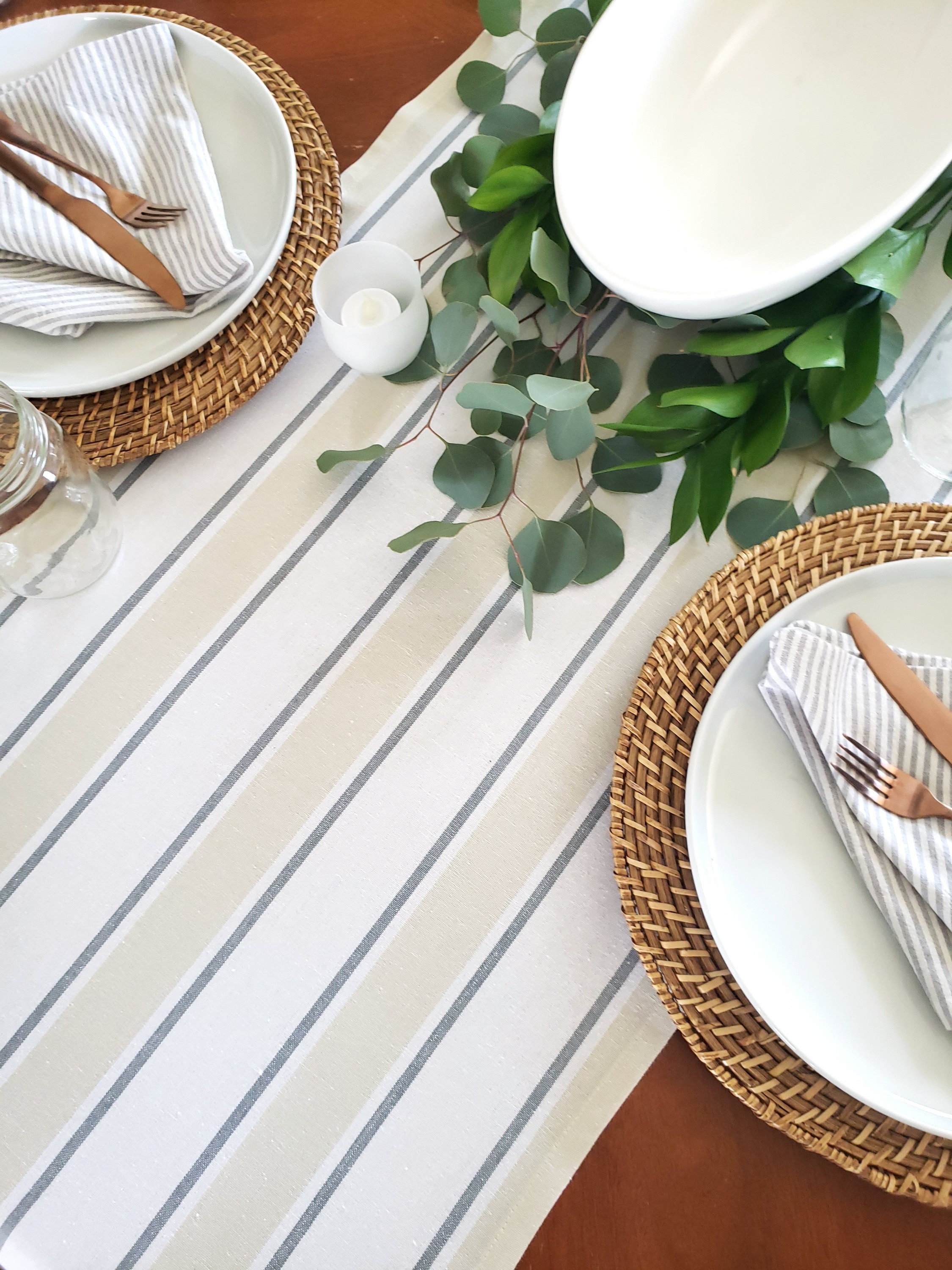 Beige & White Striped Table Runner Farmhouse Table Runner Etsy