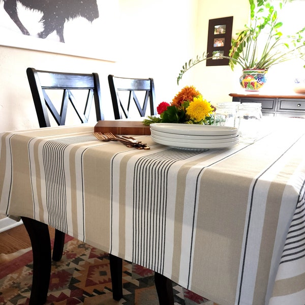 Beige Striped Farmhouse Tablecloth