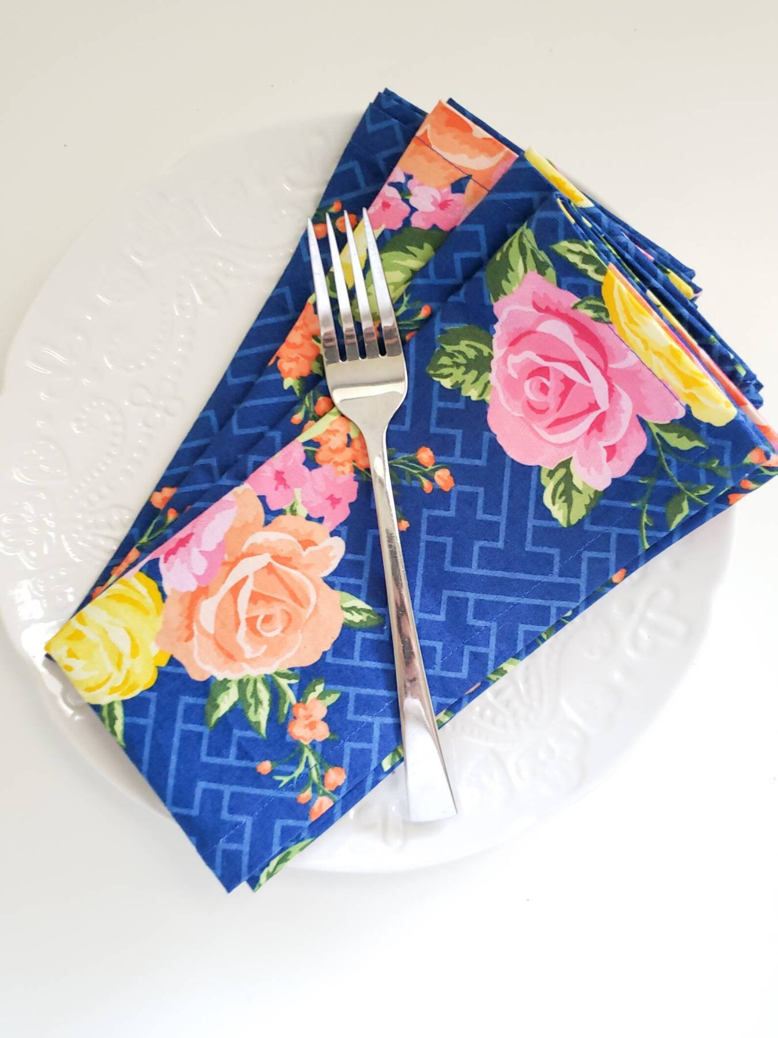 Blue Floral Cloth Napkins Blue Cloth Napkins Mother's Etsy