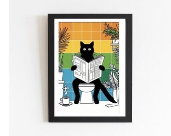 Cat Print Black Cat Reading the Newspaper Painting Print Wall Art ...