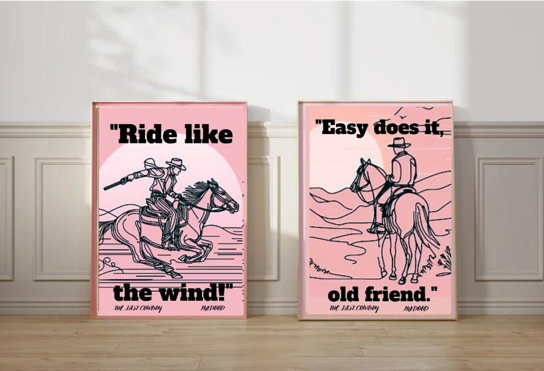 Pink Cowboy Poster Vintage Western Wall Art Retro Western Art Digital