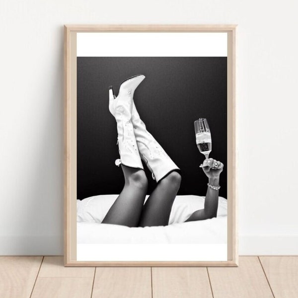 Woman Drinking Wine in Bed Print, Feminist Poster, Black and White, Alcohol Wall Art, Bar Cart Print Teen Girl Room Decor Cowgirl Girl Boots