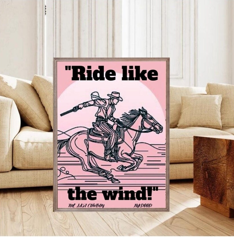 Pink Cowboy Poster Vintage Western Wall Art Retro Western Art Digital